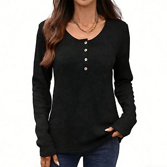 Women's Waffle-Knit Henley T-Shirt Loose-Fit Long-Sleeve Top Casual Button-Front Tee