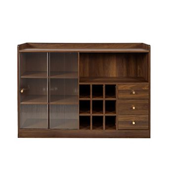 Freestanding Countertop Storage Sideboard with 2 Sliding Striped Glass Doors
