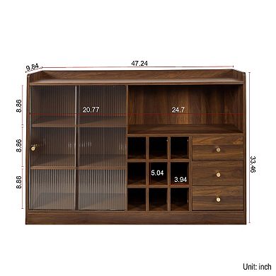 Freestanding Countertop Storage Sideboard with 2 Sliding Striped Glass Doors