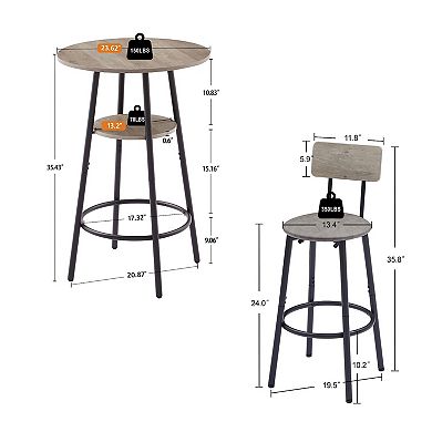 Round Stool Set with Shelf and Upholstered Backrest