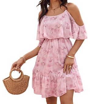 Women's Floral Print Dress Cold Shoulder Summer Spaghetti Strap Ruffle Tiered Mini Dress