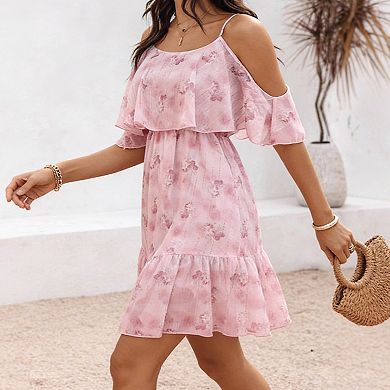 Women's Floral Print Dress Cold Shoulder Summer Spaghetti Strap Ruffle Tiered Mini Dress