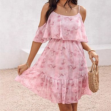Women's Floral Print Dress Cold Shoulder Summer Spaghetti Strap Ruffle Tiered Mini Dress