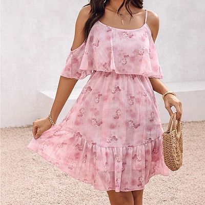 Women's Floral Print Dress Cold Shoulder Summer Spaghetti Strap Ruffle Tiered Mini Dress