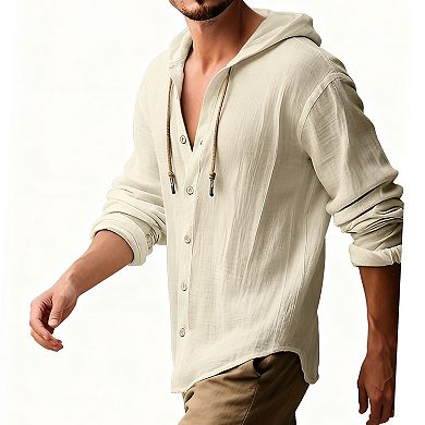 Men's Hooded Button-Down Shirt - Wrinkle Texture 3/4 Sleeve Casual Cotton Pullover Top