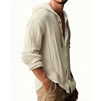 Men's Hooded Button-Down Shirt - Wrinkle Texture 3/4 Sleeve Casual Cotton Pullover Top