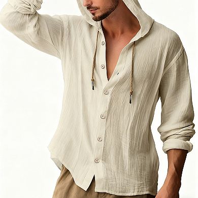 Men's Hooded Button-Down Shirt - Wrinkle Texture 3/4 Sleeve Casual Cotton Pullover Top