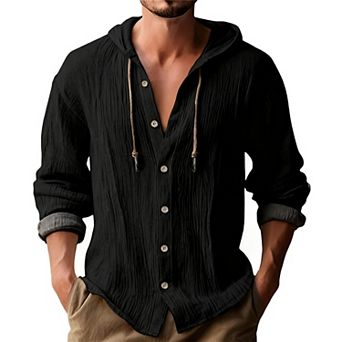 Men's Hooded Button-Down Shirt - Wrinkle Texture 3/4 Sleeve Casual Cotton Pullover Top