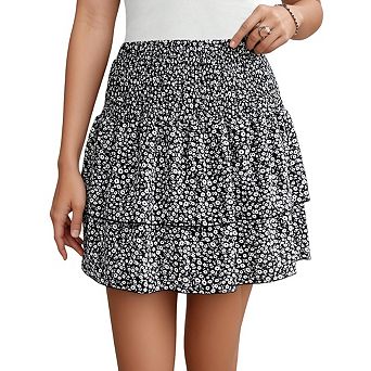 Womens Elastic Waist Ruffl Tiered Design Floral Relaxed Mini Skirt