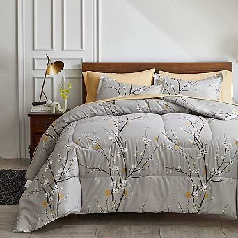 KINTEN Gray Queen-7 pc Tree Branch Bloom Comforter Bed in a Bag