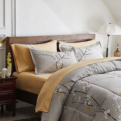 KINTEN Gray Queen-7 Pieces Tree Branch Bloom Comforter Bed in a Bag