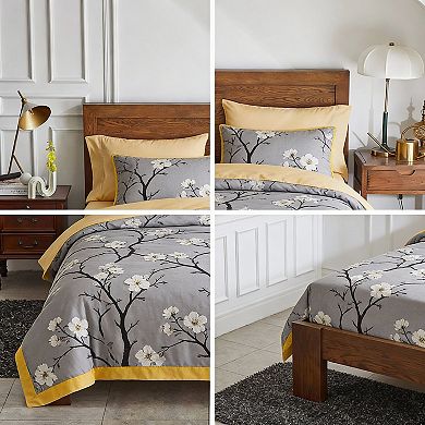 KINTEN Gray Queen-7 Pieces Tree Branch Bloom Comforter Bed in a Bag