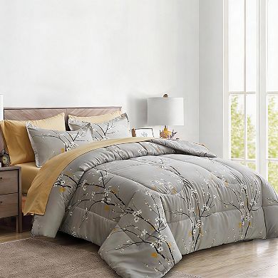 KINTEN Gray Queen-7 Pieces Tree Branch Bloom Comforter Bed in a Bag