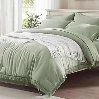 DIACHO Sage Green Queen 7 pc Boho Tassel Comforter Set with Sheets Microfiber