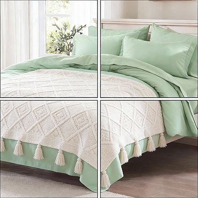 DIACHO Sage Green Queen 7pc Boho Tassel Comforter Set with Sheets Microfiber
