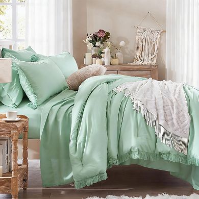 DIACHO Sage Green Queen 7pc Boho Tassel Comforter Set with Sheets Microfiber