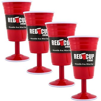 Reusable Red Plastic Wine Glasses with Stem, 8oz Set of 4 Durable Stemmed Party Cups