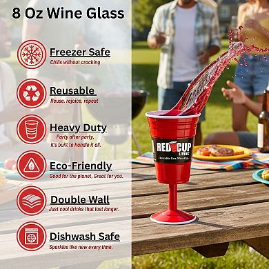 Reusable Red Plastic Wine Glasses with Stem, 8oz Set of 4 Durable Stemmed Party Cups
