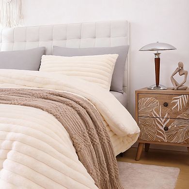 KINTEN Cream White King Fluffy Faux Fur Comforter Set 3pc 104"x90"