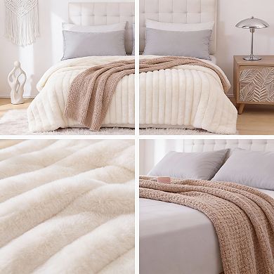 KINTEN Cream White King Fluffy Faux Fur Comforter Set 3pc 104"x90"