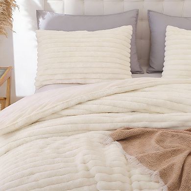 KINTEN Cream White King Fluffy Faux Fur Comforter Set 3pc 104"x90"
