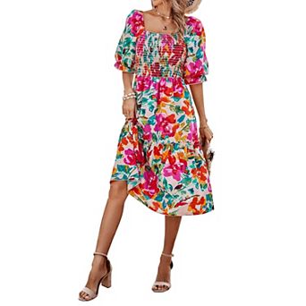 Casual Summer A-Line Midi Dress, Puff Sleeve, Square Neck