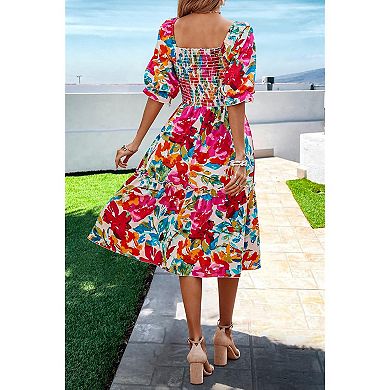 Casual Summer A-Line Midi Dress, Puff Sleeve, Square Neck