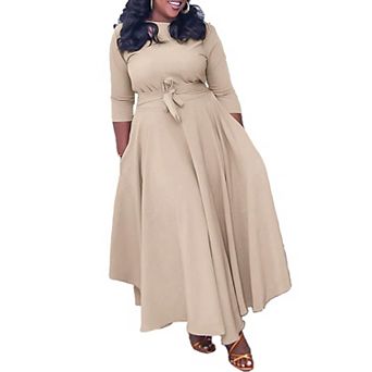 Casual 3/4 Sleeve A-Line Maxi Dress with Self-Tie High Waist