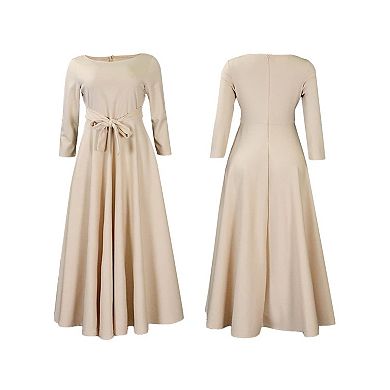 Casual 3/4 Sleeve A-Line Maxi Dress with Self-Tie High Waist