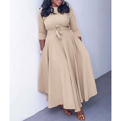 Casual 3/4 Sleeve A-Line Maxi Dress with Self-Tie High Waist