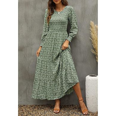 Women's Long Sleeve Maxi Dress, Boho Floral Tiered for Fall Winter