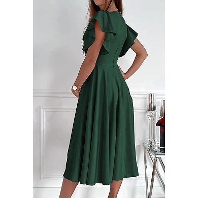 V-Neck Swing A-Line Midi Dress for Women, Ruffle Cap Sleeves