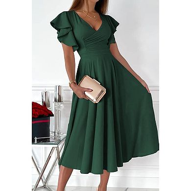 V-Neck Swing A-Line Midi Dress for Women, Ruffle Cap Sleeves