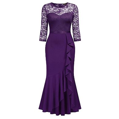 Womens Classy Floral Lace Ruffle Formal Bridesmaid Long Dress