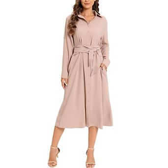 Womens Casual Flowy Tie Waist Button Down Long Sleeve Fall Midi Shirt Dress