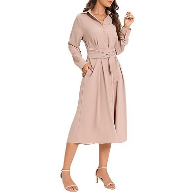 Womens Casual Flowy Tie Waist Button Down Long Sleeve Fall Midi Shirt Dress