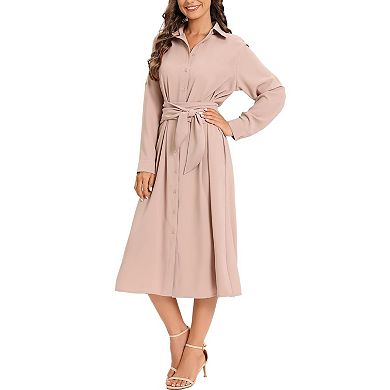 Womens Casual Flowy Tie Waist Button Down Long Sleeve Fall Midi Shirt Dress