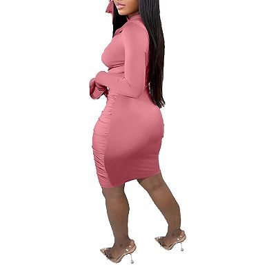 Women's V-Neck Ruched Bodycon Mini Dress with Long Sleeves