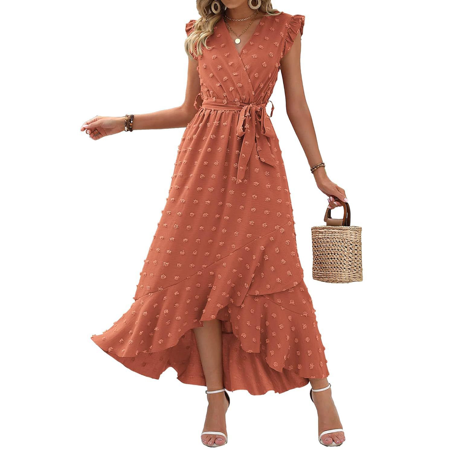 Женские платья Boho Wrap V-Neck Dress with Ruffle Sleeves and Slit