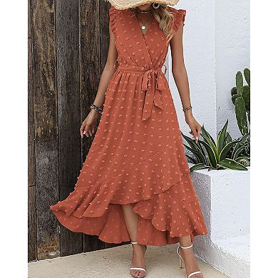Women's Boho Wrap V-Neck Dress with Ruffle Sleeves and Slit