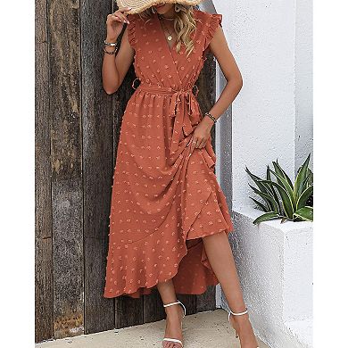 Women's Boho Wrap V-Neck Dress with Ruffle Sleeves and Slit