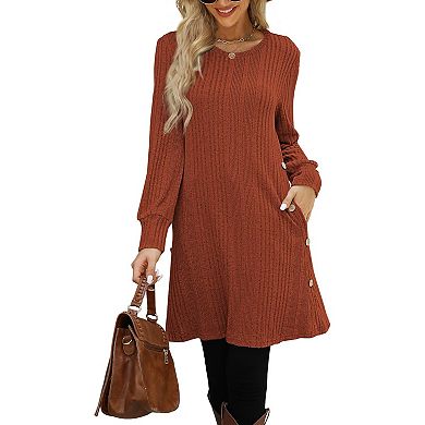 Casual Winter Dress for Women with Crew Neck, Pockets & Button Side