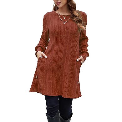 Casual Winter Dress for Women with Crew Neck, Pockets & Button Side