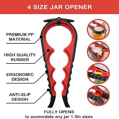 5-in-1 Jar & Bottle Opener for Weak Hands, Arthritis, with Non-Slip Grip & Corkscrew (Red)