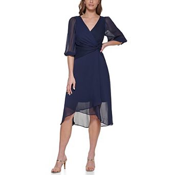 Women's Faux Wrap Chiffon Dress, 3/4 Sleeves, Midnight Navy