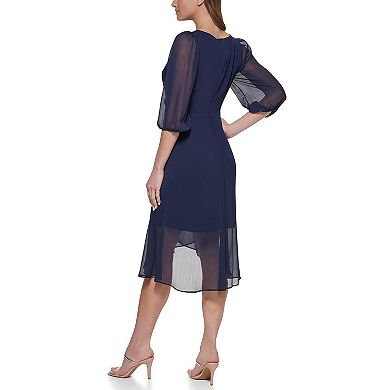 Women's Faux Wrap Chiffon Dress, 3/4 Sleeves, Midnight Navy