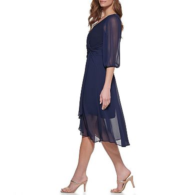 Women's Faux Wrap Chiffon Dress, 3/4 Sleeves, Midnight Navy