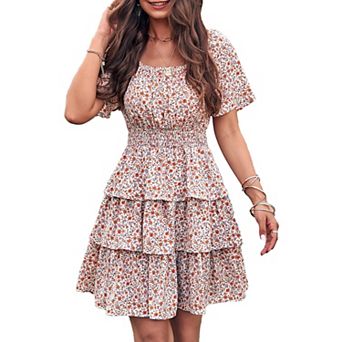 Floral Tiered Ruffle Swing Dress for Women, Square Neck & Short Sleeve
