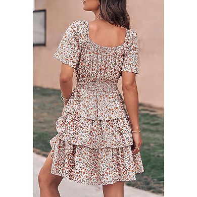 Floral Tiered Ruffle Swing Dress for Women, Square Neck & Short Sleeve