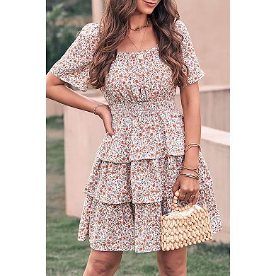 Floral Tiered Ruffle Swing Dress for Women, Square Neck & Short Sleeve
